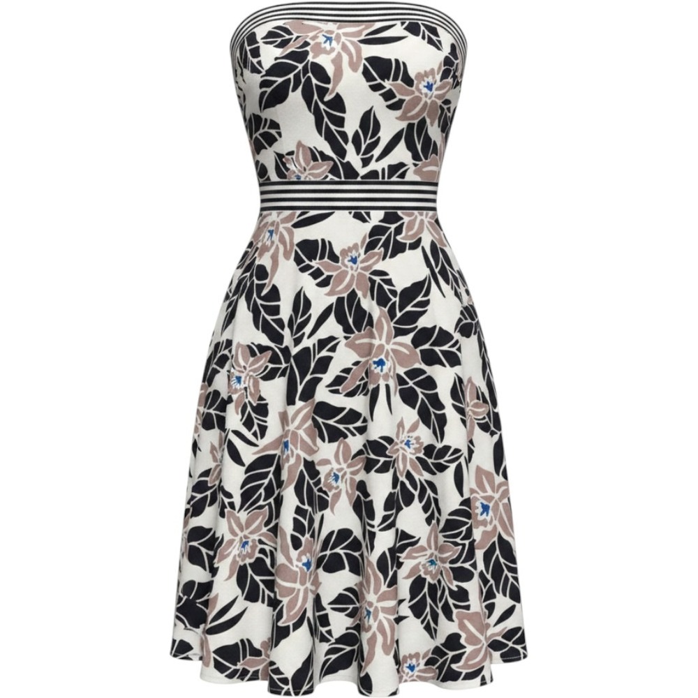 Tommy Bahama Womens XS Floral Linen Strapless Midi Dress Navy White Striped Trim